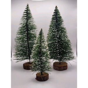 Trio Winter Bristle Green Trees Snow Tipped Wood Base 7-8" For Christmas Village